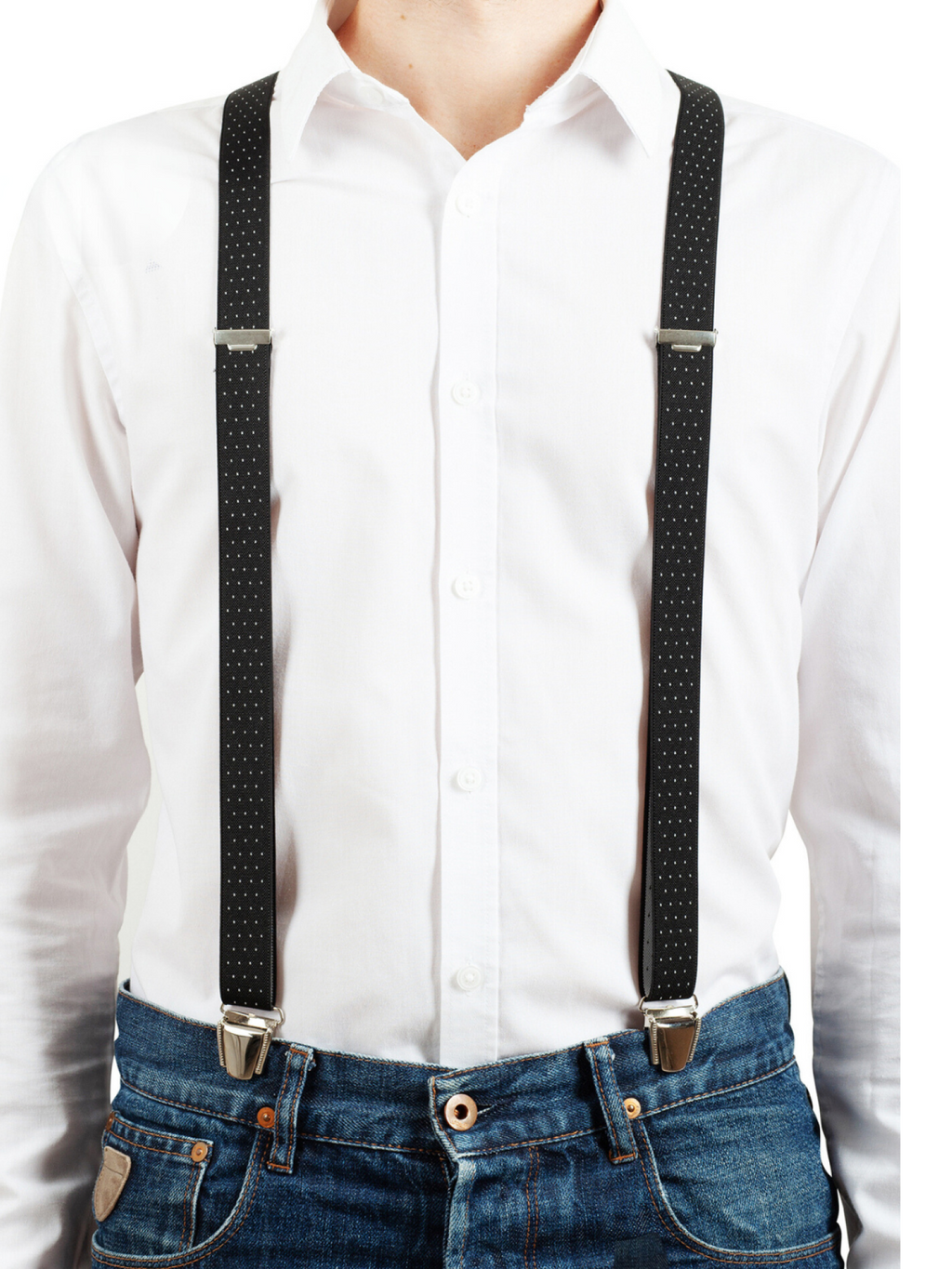 Bretelles homme unies fines, 2,5cm de largeur, portées sur une chemise - Noir à pois blanc - Bretelles fines classiques fabriquées en France - Pierrot