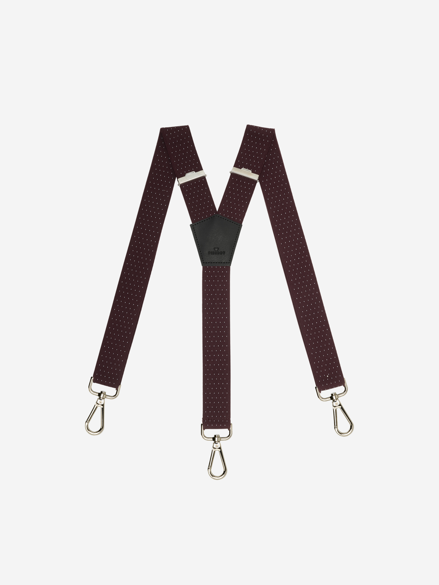 Bretelles homme bordeaux à pois à mousqueton - Bretelles avec finitions en cuir premium et 3 attaches -Fabrication Française - Pierrot