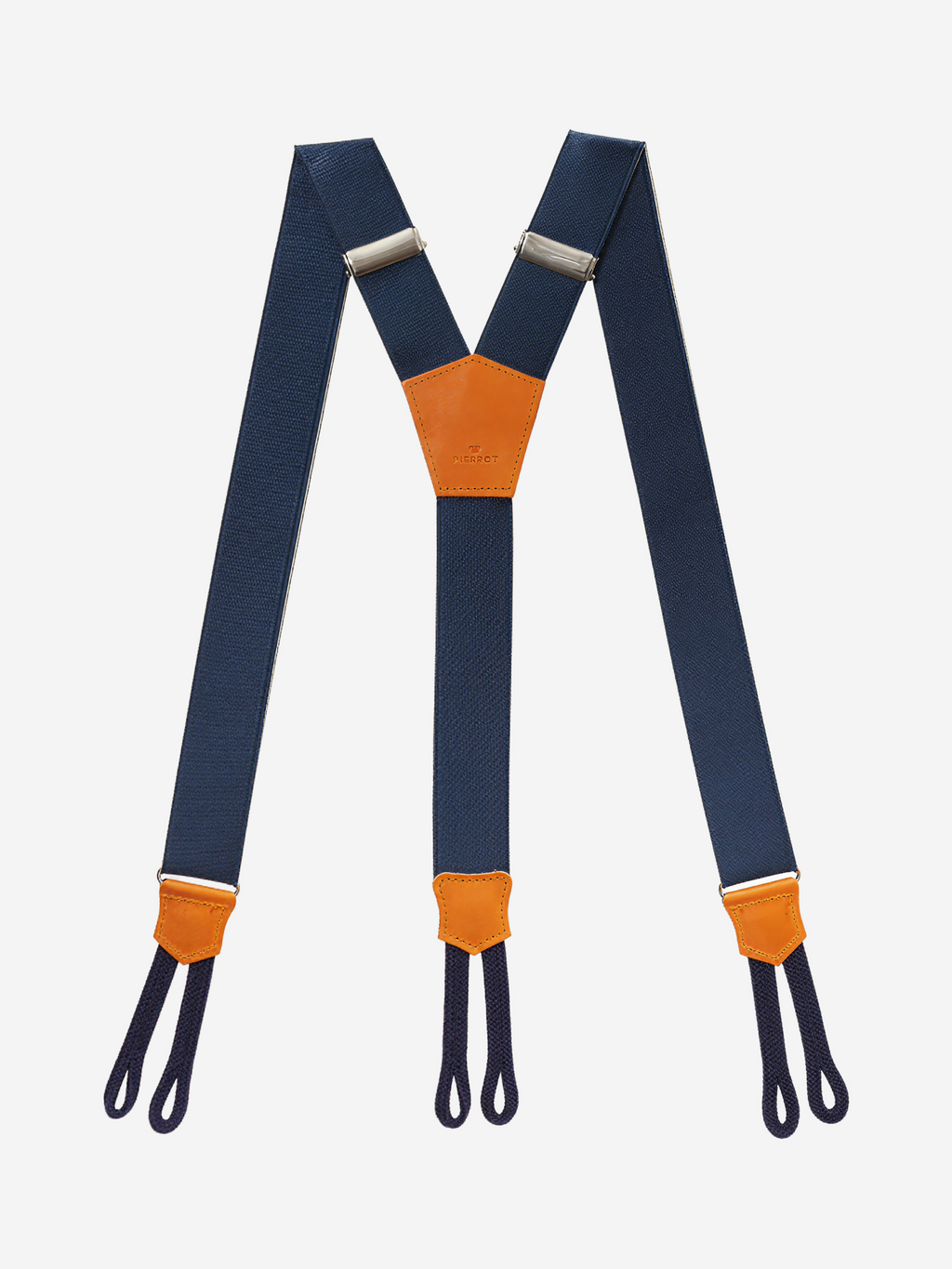 Bretelles homme bleu foncé à bouton _ Bretelles unies larges de 3,5cm, avec finitions en cuir de haute qualité et 3 attaches - Fabrication française - Pierrot