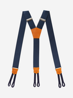 Bretelles homme bleu foncé à bouton _ Bretelles unies larges de 3,5cm, avec finitions en cuir de haute qualité et 3 attaches - Fabrication française - Pierrot