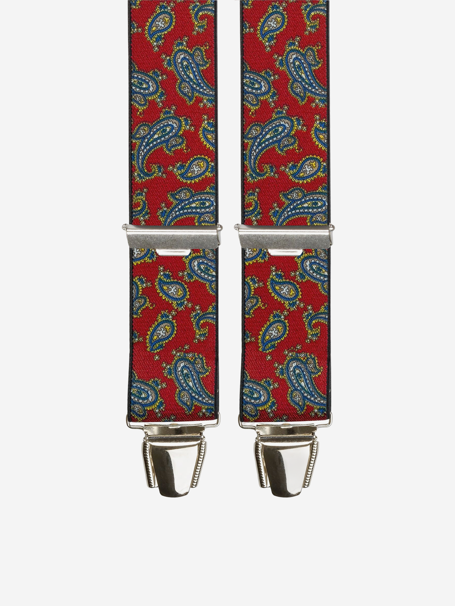 Zoom sur les bretelles homme à Motifs Classiques Paisley - Coloris Rouge Bleu - Bretelles classiques fabriquées en France - Pierrot