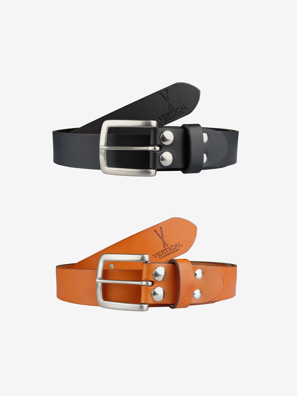 Pack de 2 ceintures en cuir noir / camel Vertical - Pierrot